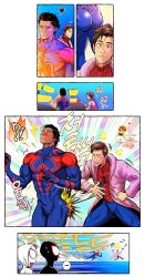  !? 1girl 3boys animal_print ass ass_smack bara black_bodysuit black_hair blue_bodysuit blush bodysuit closed_eyes coat highres jungyun99 large_pectorals looking_at_another male_focus marvel miguel_o&#039;hara miles_morales multiple_boys muscular muscular_male open_clothes open_coat pectorals peter_b_parker pink_coat red_bodysuit short_hair smile spider-gwen spider-man:_across_the_spider-verse spider-man_(2099) spider-man_(series) spider-verse spider_print two-tone_bodysuit white_bodysuit 