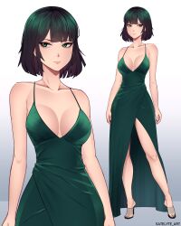  1girl absurdres bare_shoulders breasts cleavage collarbone contrapposto dress fubuki_(one-punch_man) gown green_dress green_eyes green_hair high_heels highres large_breasts legs multiple_views one-punch_man satelyte short_hair slippers spaghetti_strap standing  rating:Sensitive score:80 user:danbooru