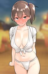  1girl alternate_costume blurry blurry_background blush breasts brown_eyes brown_hair collarbone embarrassed front-tie_top full-face_blush fundoshi furaggu_(frag_0416) highres japanese_clothes kaga_(kancolle) kantai_collection large_breasts long_hair looking_at_viewer mizu_happi navel short_sidetail side_ponytail 