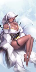  1girl absurdres aya_(trickcal) barefoot breasts cleavage commentary_request dark-skinned_female dark_skin feet full_body furisode hair_over_one_eye highres horns japanese_clothes kimono korean_commentary large_breasts legs long_hair looking_at_viewer obi oni revision sash single_horn soles solo thigh_strap toes toriseru_(rare_stone) trickcal very_long_hair white_hair white_kimono wide_sleeves yellow_eyes 