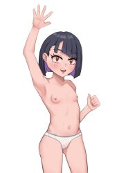  1girl absurdres arm_up armpits asymmetrical_bangs black_hair blush breasts brydeel clenched_hand collarbone colored_inner_hair cowboy_shot diagonal_bangs do_it_yourself!! female_focus gluteal_fold highres loli looking_at_viewer multicolored_hair navel open_mouth panties polka_dot polka_dot_panties purple_hair red_eyes short_hair simple_background small_breasts smile solo suride_miku teeth thighs topless underwear upper_teeth_only waving white_background white_panties 