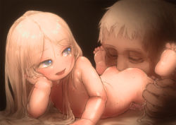 1boy 1girl age_difference anilingus ass barefoot blonde_hair blush face_in_ass feet feral_lemma flat_chest hand_on_own_cheek hand_on_own_face hetero loli long_hair lying nipples nude on_stomach open_mouth oral original plump size_difference soles toes rating:Explicit score:625 user:danbooru