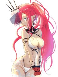  1girl autumn_rain baobhan_sith_(fate) baobhan_sith_(swimsuit_pretender)_(fate) baobhan_sith_(swimsuit_pretender)_(third_ascension)_(fate) bare_shoulders bikini blush breasts breasts_squeezed_together cleavage covered_erect_nipples detached_collar fang fate/grand_order fate_(series) flower grey_eyes hair_flower hair_ornament highres long_hair looking_at_viewer navel parted_lips pink_hair pointy_ears ponytail sideways_glance single_sidelock smile solo swimsuit tiara veil white_background white_bikini white_flower wrist_cuffs 