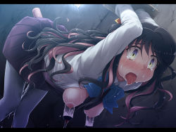 10s 1girl bdsm bent_over black_hair blush bondage bound breasts breasts_out dutch_angle empty_eyes futatsuki_hisame indoors kantai_collection lactation letterboxed long_hair medium_breasts milking_machine multicolored_hair naganami_(kancolle) nipples pantyhose pink_hair pussy_juice rape solo tears tongue tongue_out rating:Explicit score:69 user:danbooru