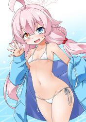  1girl adapted_costume ahoge akou_roushi bikini blue_archive blue_eyes blue_jacket blush breasts clothes_down cowboy_shot fang gradient_background groin hair_bobbles hair_ornament halo hoshino_(blue_archive) hoshino_(swimsuit)_(blue_archive) huge_ahoge jacket long_hair long_sleeves looking_at_viewer low_twintails lowleg lowleg_bikini navel official_alternate_costume open_clothes open_jacket open_mouth orange_eyes pink_halo side-tie_bikini_bottom skin_fang small_breasts smile solo stomach sweatdrop swimsuit twintails water waving white_bikini 