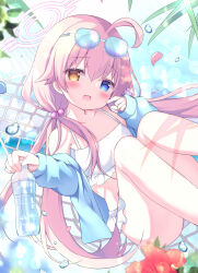  1girl ahoge azumi_kazuki bikini blue-tinted_eyewear blue_archive blue_eyes blue_jacket blush bottle breasts chromatic_aberration collarbone commentary_request eyewear_on_head fang feet_out_of_frame flower frilled_bikini frills hair_between_eyes hair_bobbles hair_ornament halo halterneck hammock heterochromia highres holding holding_bottle hoshino_(blue_archive) hoshino_(swimsuit)_(blue_archive) jacket knees_up long_hair long_sleeves looking_at_viewer low_twintails off_shoulder official_alternate_costume open_mouth pink_halo plastic_bottle puffy_long_sleeves puffy_sleeves small_breasts solo sunglasses swimsuit tinted_eyewear twintails white_bikini yellow_eyes 