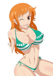  1girl bare_shoulders bikini breasts brown_eyes cleavage covered_erect_nipples earrings female_focus highres jewelry juudai large_breasts nami_(one_piece) navel one_eye_closed one_piece orange_hair pirate side-tie_bikini_bottom simple_background sitting solo swimsuit thick_thighs thighs white_background wink  rating:Questionable score:114 user:hosaka