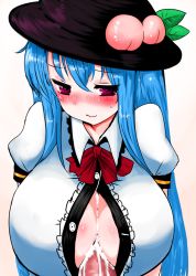 blue_hair blush breasts censored center_opening cum cum_on_body cum_on_breasts cum_on_clothes cum_on_upper_body ejaculation food fruit han_(jackpot) hat hinanawi_tenshi huge_breasts long_hair open_clothes open_shirt paizuri paizuri_under_clothes peach penis penis_under_another&#039;s_clothes purple_eyes red_eyes shirt simple_background sweat touhou upper_body very_long_hair rating:Explicit score:39 user:Xander