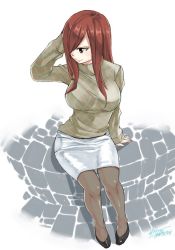 1girl blush breasts erza_scarlet fairy_tail full_body hair_over_one_eye high_heels large_breasts long_hair mashima_hiro official_art pantyhose pencil_skirt pumps red_hair sitting skirt smile solo white_background rating:Sensitive score:56 user:jojosstand