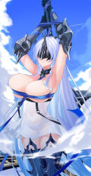  1girl absurdres alsace_(azur_lane) armored_legwear armpits arms_up azur_lane bare_shoulders belt between_breasts black_belt black_gloves black_thighhighs black_tiara blue_hair blue_ribbon blue_sky bound bound_arms breast_strap breastless_clothes breasts burning_lettuce cleavage closed_mouth cloud collarbone commentary cowboy_shot day detached_collar dress eye_mask gauntlets gloves hair_ornament highres holding holding_staff large_breasts long_hair outdoors parted_bangs revealing_clothes ribbon sidelocks skindentation sky solo staff standing strap_between_breasts thighhighs tiara underbust very_long_hair white_dress zettai_ryouiki 