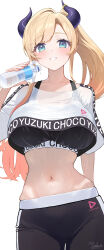  1girl absurdres blonde_hair blue_eyes bottle breasts character_name crop_top highres hololive hololive_dance_practice_uniform horns large_breasts long_hair midriff nanaushi navel pants pointy_ears ponytail shirt signature simple_background smile solo sports_bra stomach sweat sweaty_clothes virtual_youtuber water_bottle wet wet_clothes white_shirt yoga_pants yuzuki_choco 