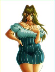  1girl alexandrad38228 bare_shoulders borrowed_character breasts brown_eyes brown_hair chromatic_aberration cleavage covered_navel cowboy_shot dress hair_ornament heart heart_hair_ornament highres large_breasts long_hair looking_at_viewer nanaco_(hott0g111) off-shoulder_dress off_shoulder original short_sleeves simple_background smile solo white_background 
