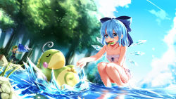 2girls bikini blue_eyes blue_hair bow cirno cloud creatures_(company) daiyousei day drying drying_clothes dutch_angle food food_in_mouth game_freak gen_2_pokemon green_hair hair_bow highres ice_cream mouth_hold multiple_girls nintendo outdoors pokemon pokemon_(creature) politoed popsicle short_hair sky sleeping squatting summer swimsuit tendo_(zhazhatiantong) touhou tree water watermelon_bar wet rating:Sensitive score:11 user:danbooru