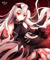  1girl abyssal_ship anchorage_oni bare_shoulders elbow_gloves gloves glowing glowing_eyes kantai_collection long_hair one-hour_drawing_challenge pale_skin red_eyes silver_hair solo toosaka_asagi 