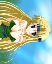  1990s_(style) 1girl asukasunao belt blonde_hair blush breast_clinging breasts celes_chere cleavage female_focus final_fantasy final_fantasy_vi gradient_background headband large_breasts leotard long_hair lowres retro_artstyle solo 