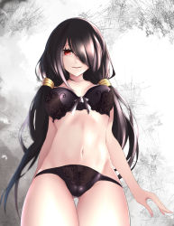  10s 1girl black_bra black_hair black_panties bra breasts date_a_live gluteal_fold groin hair_over_one_eye highres lace lace_bra large_breasts legs long_hair looking_at_viewer mrnn navel panties red_eyes smile solo thigh_gap tokisaki_kurumi twintails underwear  rating:Sensitive score:29 user:twilight_jester
