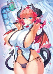 1girl armpits arms_behind_head arms_up artist_name blue_eyes breasts breasts_out cameltoe cleft_of_venus curvy demon_girl demon_wings female_focus highres horns huge_breasts long_hair looking_at_viewer mogudan nipples nurse original partially_visible_vulva pink_hair pointy_ears puffy_nipples scan shiny_skin smile solo standing sweat tail thong wide_hips wings rating:Explicit score:65 user:fakyuh