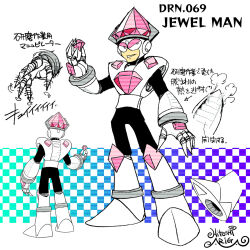  1boy air_vent android aqua_background ariga_hitoshi armor arrow_(symbol) artist_name black_bodysuit black_eyes blue_background bodysuit boots breastplate character_name character_sheet checkered_background chest_jewel claw_(weapon) commentary_request concept_art diamond_(shape) drill from_behind full_body gem gloves gradient_background hand_up hat highres holding holding_gem industrial_pipe jewel_man knee_boots looking_ahead looking_to_the_side male_focus mega_man_(classic) mega_man_(series) mega_man_9 mega_man_megamix multiple_views no_humans no_nose pink_gemstone purple_background robot robot_ears scanlines shoe_soles signature simple_background smirk standing three_quarter_view translation_request turnaround weapon white_armor white_background white_footwear white_gloves 