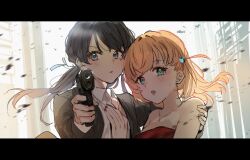  2girls :o aiming aiming_at_viewer alternate_costume aqua_eyes black_hair black_jacket blazer blue_eyes blue_ribbon chh_r collarbone collared_shirt crossed_bangs dress finger_on_trigger floating_hair gun hair_ornament hair_ribbon hand_on_another&#039;s_arm hand_on_another&#039;s_chest handgun highres hinoshita_kaho holding holding_gun holding_weapon jacket letterboxed link!_like!_love_live! long_hair looking_at_viewer love_live! low_twintails medium_hair motion_blur multiple_girls murano_sayaka open_clothes open_jacket open_mouth orange_hair parted_lips rabbit_hair_ornament red_dress red_nails ribbon shirt strapless strapless_dress sweatdrop twintails two_side_up virtual_youtuber weapon white_shirt 
