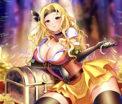  alternate_costume bad_id bad_twitter_id belt blonde_hair breasts brigid_(fire_emblem) brown_eyes choker cleavage coin commission dress fire_emblem fire_emblem:_genealogy_of_the_holy_war fire_emblem_heroes headband highres holding jewelry large_breasts leaning long_hair looking_at_viewer nintendo nyome991 pirate smile solo thighhighs treasure_chest wavy_hair  rating:Sensitive score:18 user:danbooru