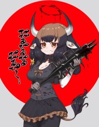 1girl animal_ear_fluff animal_ears banteng_(kemono_friends) black_hair black_horns blood blood_halo blood_on_body blood_on_breasts blood_on_clothes blood_on_face blood_splatter bloody_weapon bokusatsu_tenshi_dokuro-chan breasts brown_eyes brown_hair cleavage club club_(weapon) cowboy_shot crossover crying crying_with_eyes_open elbow_gloves excalibolg eyelashes frilled_skirt frills furrowed_brow gloves grey_horns halo hand_up highres holding holding_weapon horizontal_pupils horns kemono_friends kemono_friends_3 large_breasts liquid_halo long_hair long_sleeves looking_at_viewer medium_breasts miniskirt multicolored_hair multicolored_horns notora ox_ears ox_girl ox_horns pantyhose shirt skirt solo spiked_club tail tears two-tone_hair weapon