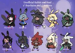  6+girls ancient_rabbit animal_ears antlers assassin_rabbit black_dress black_hair black_horns black_shirt black_skirt blonde_hair blue_eyes bow_(weapon) brown_skirt bruiser_rabbit chibi closed_mouth commentary dagger dancer_rabbit dark-skinned_female dark_skin defender_rabbit dress druid_rabbit english_commentary foil_(fencing) frown full_body greatsword green_eyes green_hair grey_hair grey_shorts hair_between_eyes hair_over_one_eye half_up_braid heavyblade_rabbit high_ponytail holding holding_bow_(weapon) holding_dagger holding_knife holding_polearm holding_staff holding_sword holding_weapon horns knife kunai long_bangs long_hair looking_at_viewer lyn_(shunao) mage_staff medium_bangs multicolored_hair multiple_girls one_eye_closed open_mouth pink_hair polearm purple_background rabbit_and_steel rabbit_ears rabbit_girl red_eyes red_hair ribbon-trimmed_skirt ribbon_trim shirt short_hair shorts skirt smile sniper_rabbit spear spellsword_rabbit staff strapless sword tube_top twintails two-tone_hair weapon white_dress wizard_rabbit yellow_eyes yellow_skirt yellow_tube_top 
