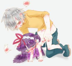  1boy 1girl age_difference aged_up blue_eyes blush bow censored clothed_male_nude_female cum cum_in_pussy cum_on_ass feli_(puyopuyo) grey_hair hetero lemres_(puyopuyo) loli long_hair nude open_mouth penis purple_hair puyopuyo puyopuyo_fever sega sex short_hair size_difference  rating:Explicit score:16 user:Hark2