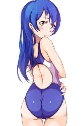 1girl ass blue_hair blue_one-piece_swimsuit blush commentary_request competition_swimsuit cowboy_shot from_behind hair_between_eyes highres long_hair looking_at_viewer looking_back love_live! love_live!_school_idol_project marine_day one-piece_swimsuit sen_(sen0910) simple_background solo sonoda_umi swimsuit white_background yellow_eyes rating:Sensitive score:15 user:danbooru
