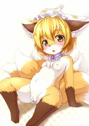  1girl aged_down animal_ears animal_hands barefoot blonde_hair blush breasts fang feet fox fox_ears fox_tail furrification furry furry_female jewelry kagerofu kitsune loli looking_at_viewer multiple_tails navel nipples nude open_mouth orange_eyes polka_dot polka_dot_background pussy sitting small_breasts solo spread_legs tail toes touhou uncensored yakumo_ran  rating:Explicit score:195 user:Mast3r_Ch33f