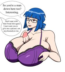  1boy 1girl blue_hair bra breasts breasts_squeezed_together disembodied_penis english_text gigantic_breasts glasses highres huge_breasts looking_to_the_side matsu-sensei paizuri paizuri_under_clothes penis purple_bra raine_(ego_trigger) red_eyes short_hair simple_background solo_focus uncensored underwear white_background  rating:Explicit score:17 user:TetonasWenorrasIwabner