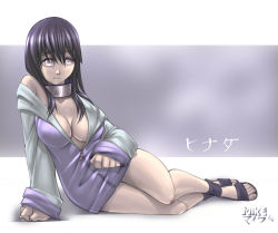  1girl arm_support artist_name bad_deviantart_id bad_id breasts character_name cleavage forehead_protector hyuuga_hinata large_breasts long_hair looking_at_viewer lying naruto naruto_(series) off_shoulder on_side purple_hair sandals solo toes vashperado white_eyes  rating:Questionable score:99 user:danbooru
