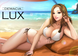  1girl absurdres alternate_breast_size arm_support beach bikini blue_eyes blue_sky breasts brown_hair character_name cherrylich daeho_cha day front-tie_top highres hip_focus large_breasts league_of_legends lens_flare long_hair looking_at_viewer lux_(league_of_legends) navel ocean outdoors parted_lips shiny_skin skindentation sky smile solo swimsuit towel unfinished water white_bikini  rating:Questionable score:134 user:danbooru