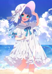  1girl :d arm_up beach blue_bow blue_eyes blue_hair blue_sky blush bow cloud dress frilled_dress frills hand_on_headwear hat hat_bow holding holding_clothes holding_dress horizon indie_virtual_youtuber looking_at_viewer mamyouda ocean open_mouth outdoors puffy_short_sleeves puffy_sleeves sailor_collar short_sleeves sky smile solo standing striped_bow sun_hat uriri_(vtuber) virtual_youtuber white_bow white_dress white_hat white_sailor_collar 