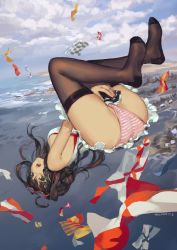 10s 1girl ass black_eyes black_thighhighs blue_sky breasts brown_hair cloud cloudy_sky day eyewear_on_head falling feet glasses hjl kantai_collection kongou_(kancolle) long_hair looking_at_viewer no_shoes nontraditional_miko open_mouth panties pink_panties red-framed_eyewear signal_flag sky solo striped_clothes striped_panties thighhighs torn_clothes underwear upside-down water rating:Questionable score:69 user:danbooru