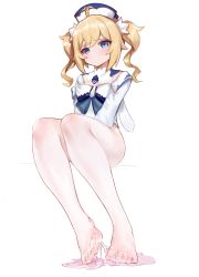 1girl absurdres after_ejaculation after_footjob bad_id bad_pixiv_id barbara_(genshin_impact) blonde_hair blue_eyes cross cum cum_on_body cum_on_clothes cum_on_feet cum_on_floor cum_on_lower_body cum_on_pantyhose cum_pool cum_string dokomon dress drill_hair feet genshin_impact hetero highres latin_cross looking_at_viewer pantyhose priestess puddle ringlets solo suggestive_fluid twin_drills twintails wet white_dress white_headwear white_pantyhose white_sleeves rating:Explicit score:160 user:danbooru