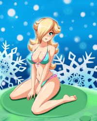  1girl absurdres alternate_hairstyle aqua_eyes barefoot between_legs bikini blonde_hair blue_eyes blush breasts cleavage feet frilled_bikini frills front-tie_bikini_top front-tie_top hair_over_one_eye hand_between_legs highres large_breasts long_hair looking_at_viewer mario_(series) navel nintendo open_mouth rosalina sigurd_hosenfeld sitting smile soles solo star_(symbol) super_mario_bros._1 super_mario_galaxy swimsuit third-party_edit toes v_arms wariza  rating:Questionable score:40 user:Bowser2468