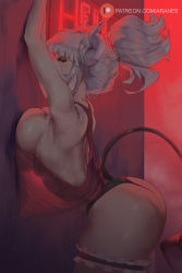 1girl against_wall araneesama armpits arms_up artist_name ass bare_shoulders black_panties blunt_bangs breast_press breasts bridal_garter camisole cleavage clothing_cutout demon_girl demon_horns demon_tail from_side grey_eyes half-closed_eyes helltaker highres horns large_breasts leaning_forward looking_at_viewer looking_to_the_side lucifer_(helltaker) neon_lights no_bra panties ponytail realistic see-through short_sleeves sidelocks sideways_glance solo strap_gap tail tail_through_clothes thighs underwear underwear_only rating:Questionable score:290 user:danbooru