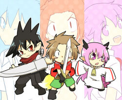  1girl 2boys alba_(senyuu) armor black_footwear black_hair blush brown_hair cat_tail green_shorts head_wings holding holding_sword holding_weapon long_hair looking_at_viewer multiple_boys pink_eyes pink_hair pointy_ears red_eyes red_scarf ross_(senyuu) ruki_(senyuu) scarf sen&#039;yuu. shorts shoulder_armor sleeves_past_fingers sleeves_past_wrists ss1313 sword tail weapon wings 