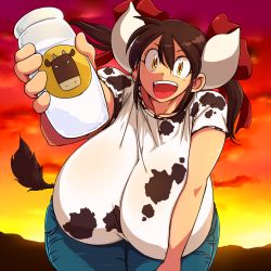 1girl breasts brown_hair cow_girl cow_horns cow_tail curvy gigantic_breasts hair_ribbon hanging_breasts hataraki_ari horns leaning_forward looking_at_viewer milk open_mouth original ribbon smile solo standing sukimi sun sunset tail thick_thighs thighs wide_hips yellow_eyes rating:Questionable score:37 user:leejunne