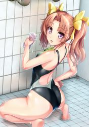 10s 1girl alternate_costume artificial_vagina ass bare_arms bare_legs bare_shoulders barefoot bathroom brown_hair competition_swimsuit cum from_side hair_ribbon hand_on_own_hip hassen_(8cm) highres holding indoors kagerou_(kancolle) kantai_collection long_hair looking_at_viewer one-piece_swimsuit purple_eyes ribbon sex_toy shiny_clothes shiny_skin solo sponge squatting swimsuit tongue tongue_out twintails yellow_ribbon rating:Explicit score:54 user:danbooru
