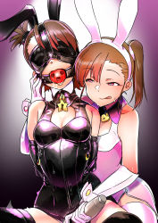  2girls :p animal_ears arms_behind_back ball_gag bdsm black_leotard blindfold bondage bound breasts brown_hair cleavage cleavage_cutout clothing_cutout collar drooling elbow_gloves fake_animal_ears futami_ami futami_mami gag gagged gloves harness_gag heart heart-shaped_lock heart-shaped_pupils highres hitachi_magic_wand idolmaster idolmaster_(classic) incest leotard licking_lips lock mask momo_no_suidou-sui multiple_girls padlock padlocked_collar pink_gloves pink_legwear pink_leotard playboy_bunny rabbit_ears red_eyes saliva sex_toy siblings side_ponytail sisters slave small_breasts symbol-shaped_pupils thighhighs tongue tongue_out twincest twins vibrator wiffle_gag wrist_cuffs  rating:Explicit score:96 user:danbooru