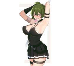  1girl arm_strap armpits arms_behind_head bare_shoulders black_dress breasts choker come_hither condom condom_in_mouth condom_wrapper covered_erect_nipples dress green_hair hair_between_eyes large_breasts legs long_hair looking_at_viewer mouth_hold naughty_face pole purple_eyes rezodwel side_ponytail simple_background smile solo sousou_no_frieren thighs ubel_(sousou_no_frieren) weapon  rating:Questionable score:34 user:spk