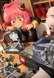  1girl absurdres anya_(spy_x_family) black_dress bond_(spy_x_family) chair child commentary dog dress eden_academy_school_uniform english_commentary frown fukouna_shoujo_03 great_pyrenees green_eyes hairpods highres khyle. lego logo millenium_falcon pink_hair red_footwear school_uniform solo spy_x_family star_wars the_lego_group white_dog  rating:General score:112 user:danbooru