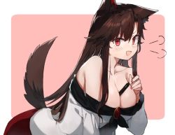  1girl :d puff_of_air animal_ears bad_id bad_twitter_id bare_shoulders between_breasts border breasts brooch brown_hair cleavage commentary_request dress hair_between_eyes imaizumi_kagerou jewelry large_breasts long_hair long_sleeves looking_at_viewer off-shoulder_dress off_shoulder open_mouth outside_border pink_background red_eyes simple_background smile solo suminagashi tail touhou white_border white_dress wolf_ears wolf_tail  rating:Sensitive score:13 user:danbooru