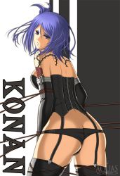 1girl absurdres aquas_(artist) artist_name ass bare_shoulders bdsm black_gloves black_panties black_thighhighs blue_hair bondage bound butt_crack character_name corset elbow_gloves eyeshadow garter_straps gloves hair_in_own_mouth highres konan_(naruto) labret_piercing looking_at_viewer looking_back lowleg lowleg_panties makeup naruto_(series) naruto_shippuuden panties purple_eyes resized rope rose_tattoo solo tattoo thighhighs underwear upscaled waifu2x rating:Questionable score:16 user:surveyork