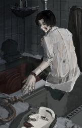  absurdres bathroom bathtub blood blood_in_water body_horror choujin_x extra_eyes highres hoshi_batista_(choujin_x) noh_mask noh_mask_(choujin_x) noose painting_(medium) shirt soda_(syud7233) stitched_arm stitched_face stitches traditional_media watercolor_(medium) wet wet_clothes wet_shirt white_shirt 