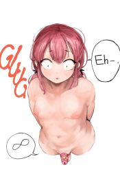 1boy absurdres arms_behind_back black_eyes blush breasts chastity_cage completely_nude constricted_pupils english_text from_above highres komi-san_wa_komyushou_desu long_hair male_focus mamimi_(mamamimi) navel nipples nude parted_lips penis pink_hair puffy_chest simple_background solo speech_bubble tadano_hitohito testicles trap white_background wide-eyed rating:Explicit score:392 user:danbooru