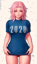 1girl 2020 bare_legs blue_shirt breasts chloe_(sciamano240) highres large_breasts long_hair no_pants original panties pink_eyes pink_hair sciamano240 shirt simple_background smile t-shirt twitter_username underwear rating:Questionable score:49 user:danbooru