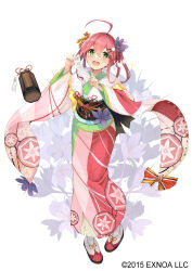  1girl :d ahoge blush commentary_request dreamlight2000 floral_print flower flower_knight_girl fur-trimmed_kimono fur_trim furisode green_eyes hair_flower hair_ornament japanese_clothes kimono long_hair long_sleeves looking_at_viewer obi official_art open_mouth pink_hair saffron_(flower_knight_girl) sash simple_background smile solo tachi-e white_background wide_sleeves 