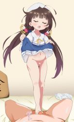 10s 1girl barefoot blue_eyes blush brown_hair censored cleft_of_venus clothes_lift dress dress_lift closed_eyes feet footjob hat hinatsuru_ai long_hair low_twintails no_panties open_mouth ryuuou_no_oshigoto! sl8-all toes twintails rating:Explicit score:165 user:ssfl